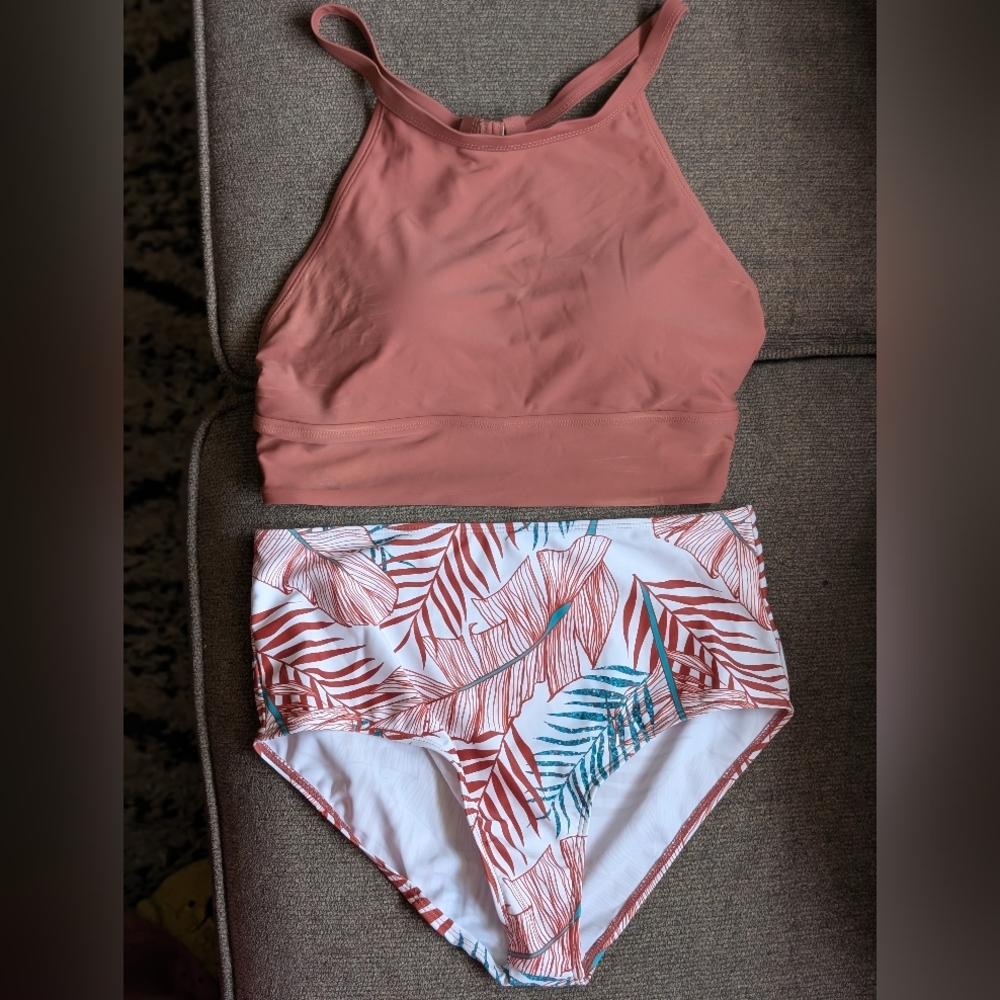 Dark Coral and White High-Neck Bikini Set with Leaf Print